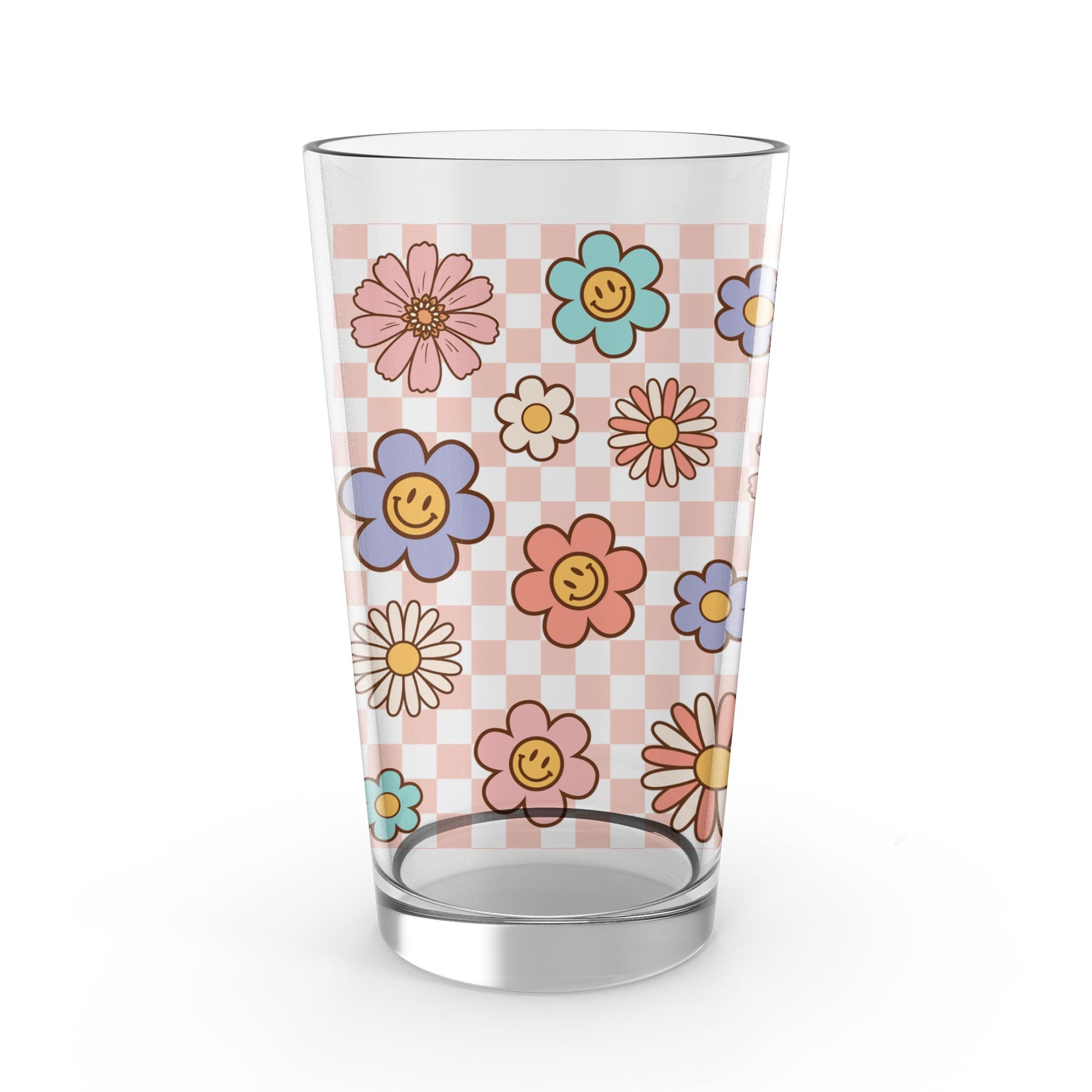 Colorful Flower and Smiley Face Pattern Drinking Glass, Kitchen Decor, Unique Water Cup