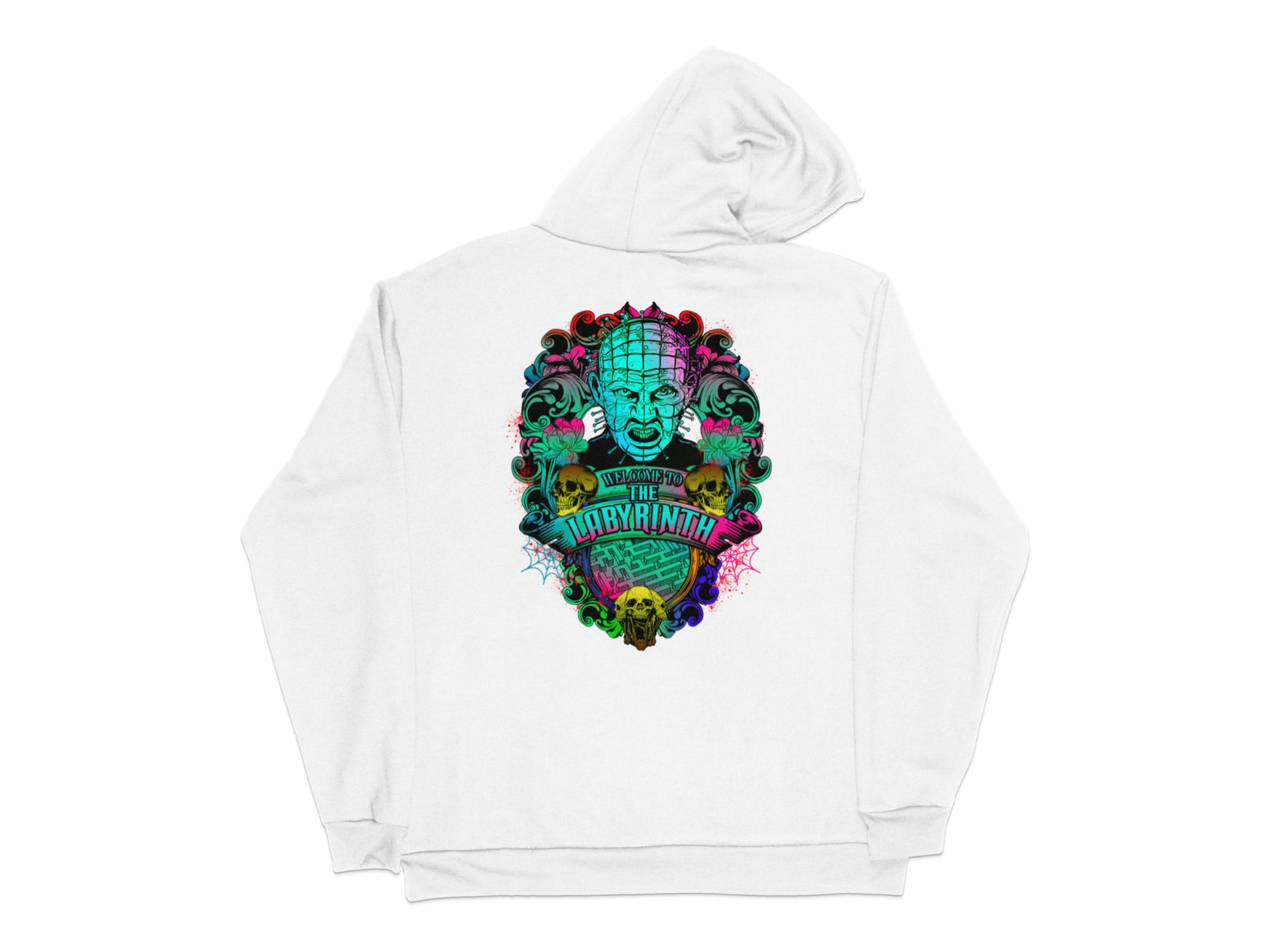 White Hoodie with Colorful Graphic Design, Fantasy Movie Art, Unisex Casual Wear