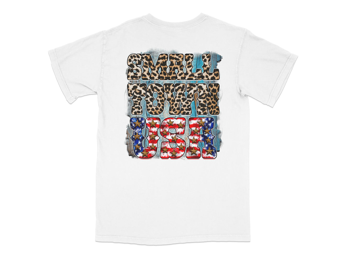 Small Town USA Patriotic T-Shirt, Leopard Print and American Flag Design, Casual Summer Tee for Men and Women