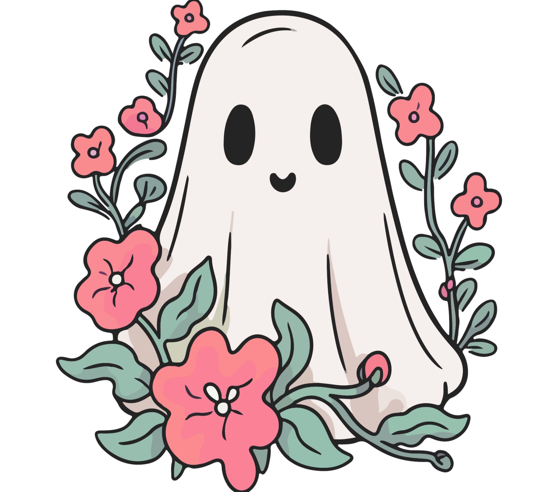 Cute Ghost Illustration with Pink Flowers, Whimsical Ghost Art Print, Nursery Wall Decor
