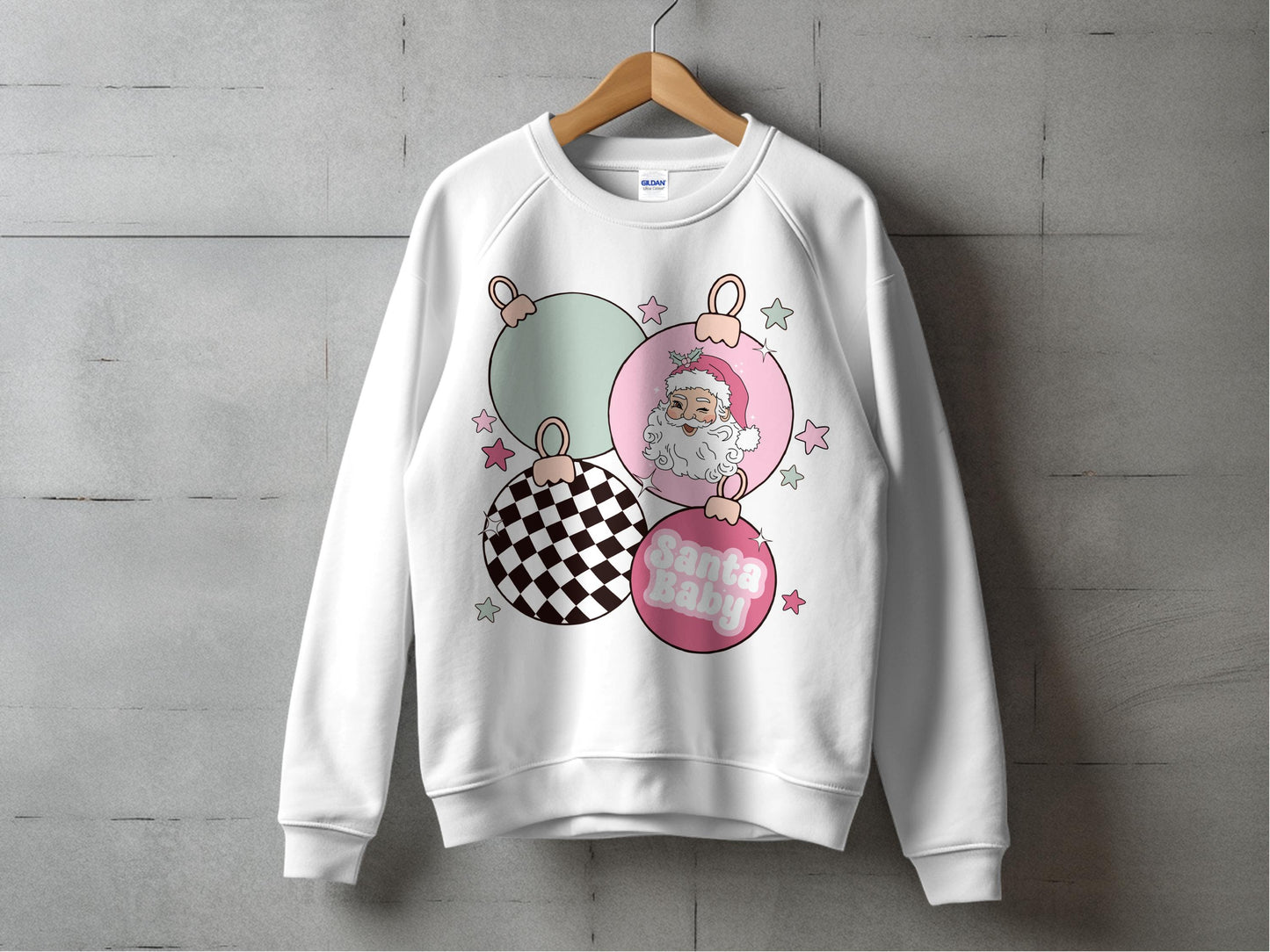 Santa Baby Graphic Sweatshirt, Festive Holiday Apparel, Women's Christmas Sweater with Cute Ornaments Design