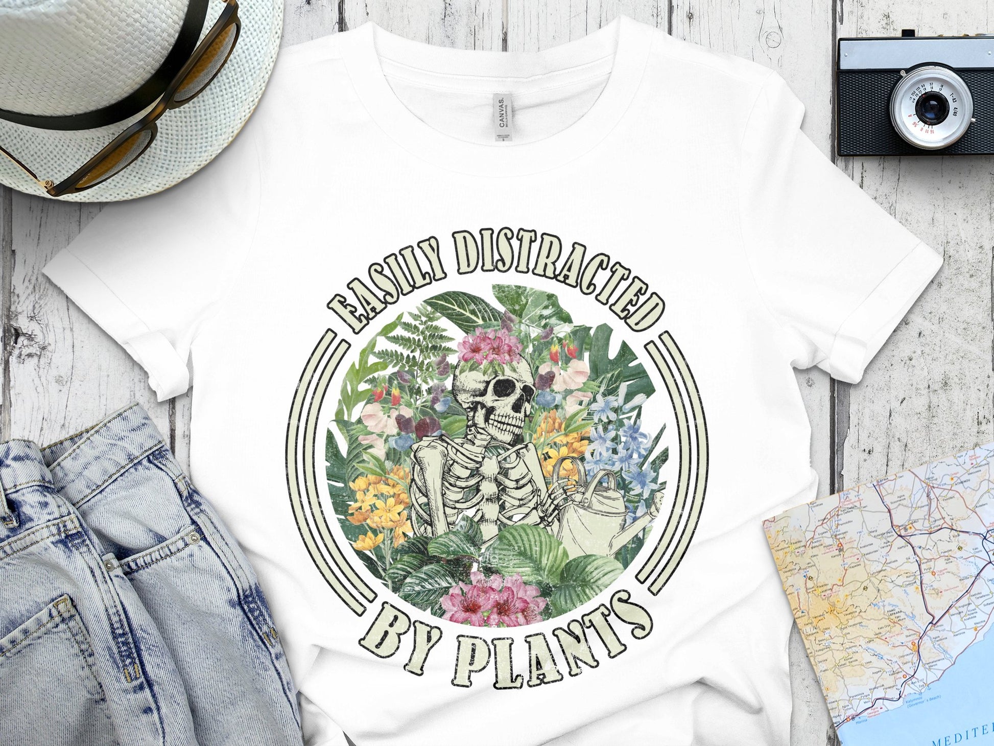 Easily Distracted by Plants T-Shirt, Graphic Skeleton Tee, Botanical Print, Casual Apparel, Gift for Gardeners, Unisex Clothing Design