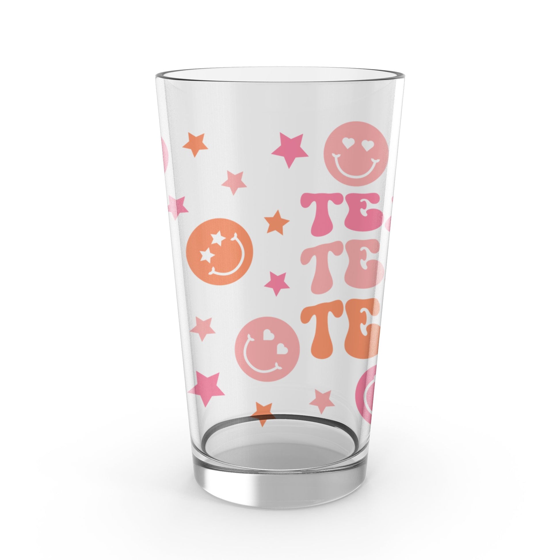 Cute Smile Face Glass Tumbler, Pink and Orange Stars, Fun Drinkware for Kids and Adults