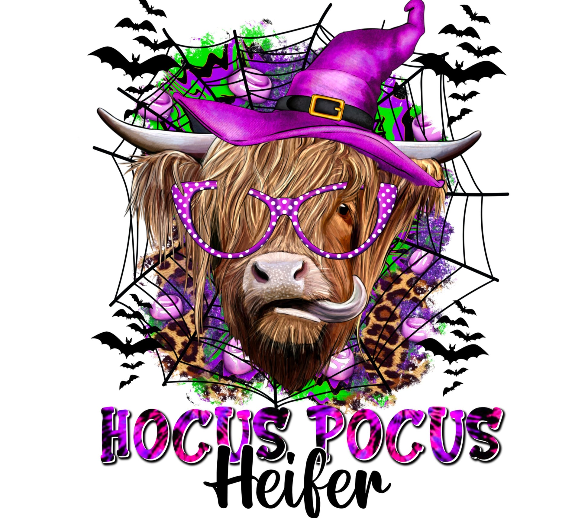 Hocus Pocus Heifer Halloween Cow Graphic T-Shirt, Witch Hat, Purple Glasses, Plaid, Spooky Fun Design for Fall