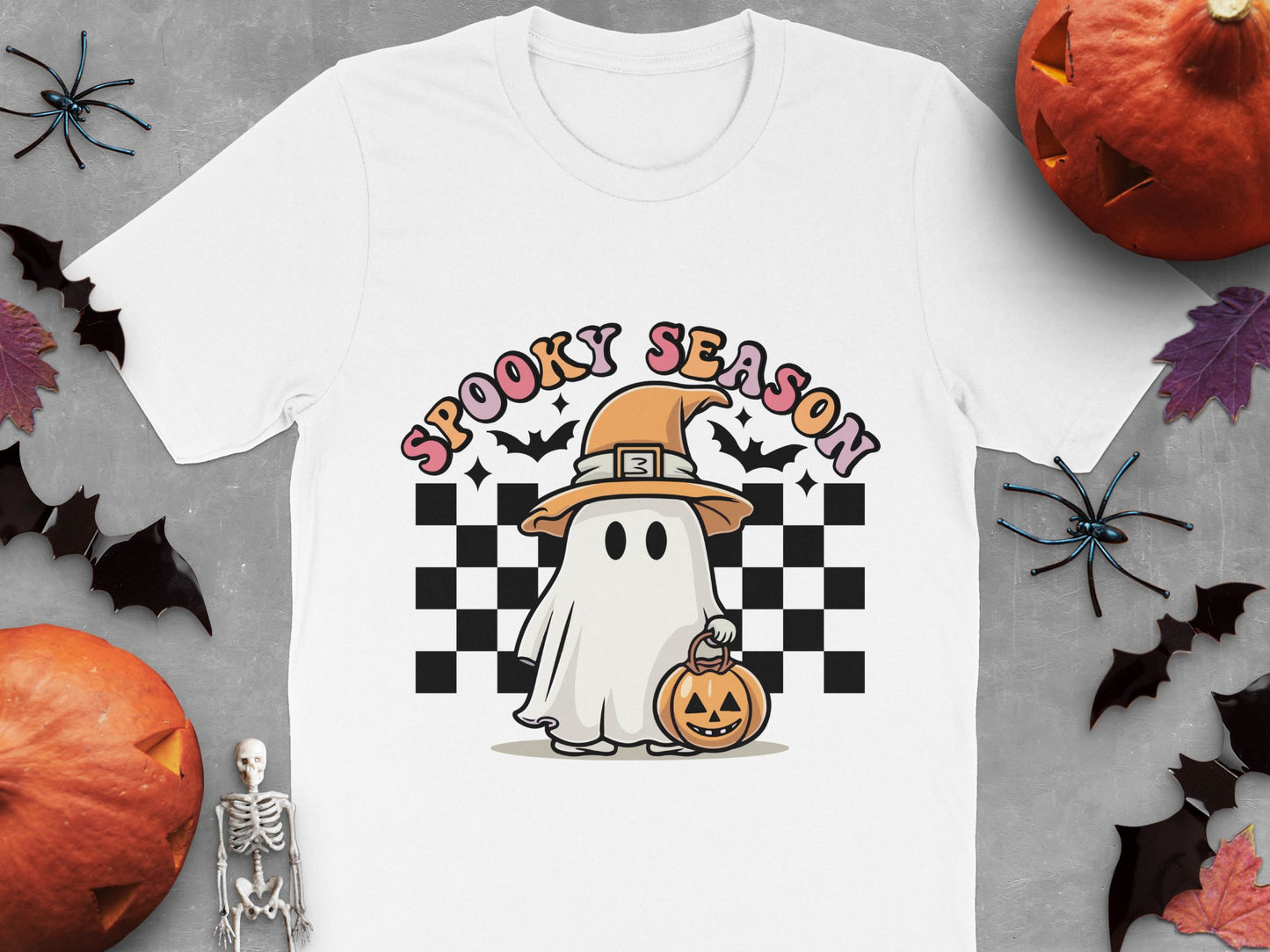 Spooky Season Halloween T-Shirt, Ghost in Witch Hat, Checkered Pattern, Fall Fashion, Unisex Adult Clothing