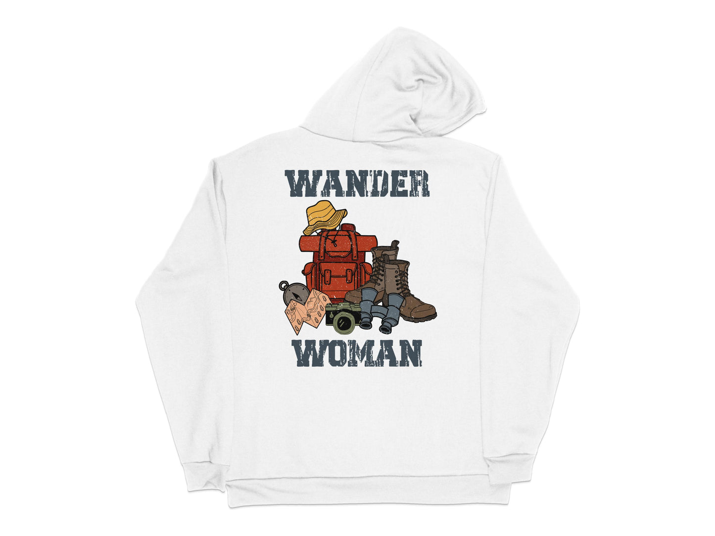 Wander Woman Hoodie, Travel Backpack Boots Graphic, Adventure Outdoor Hiking White Sweatshirt