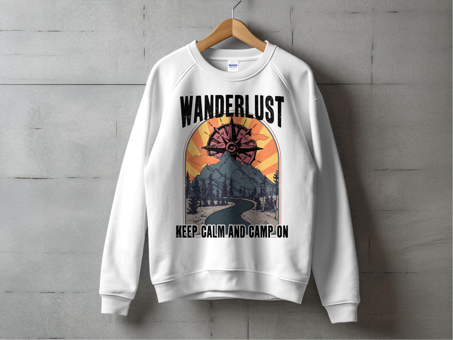Wanderlust Graphic Sweatshirt, Vintage Compass and Sunset, Unisex Camping Pullover, Adventure Outdoor Apparel, Gift for Travelers