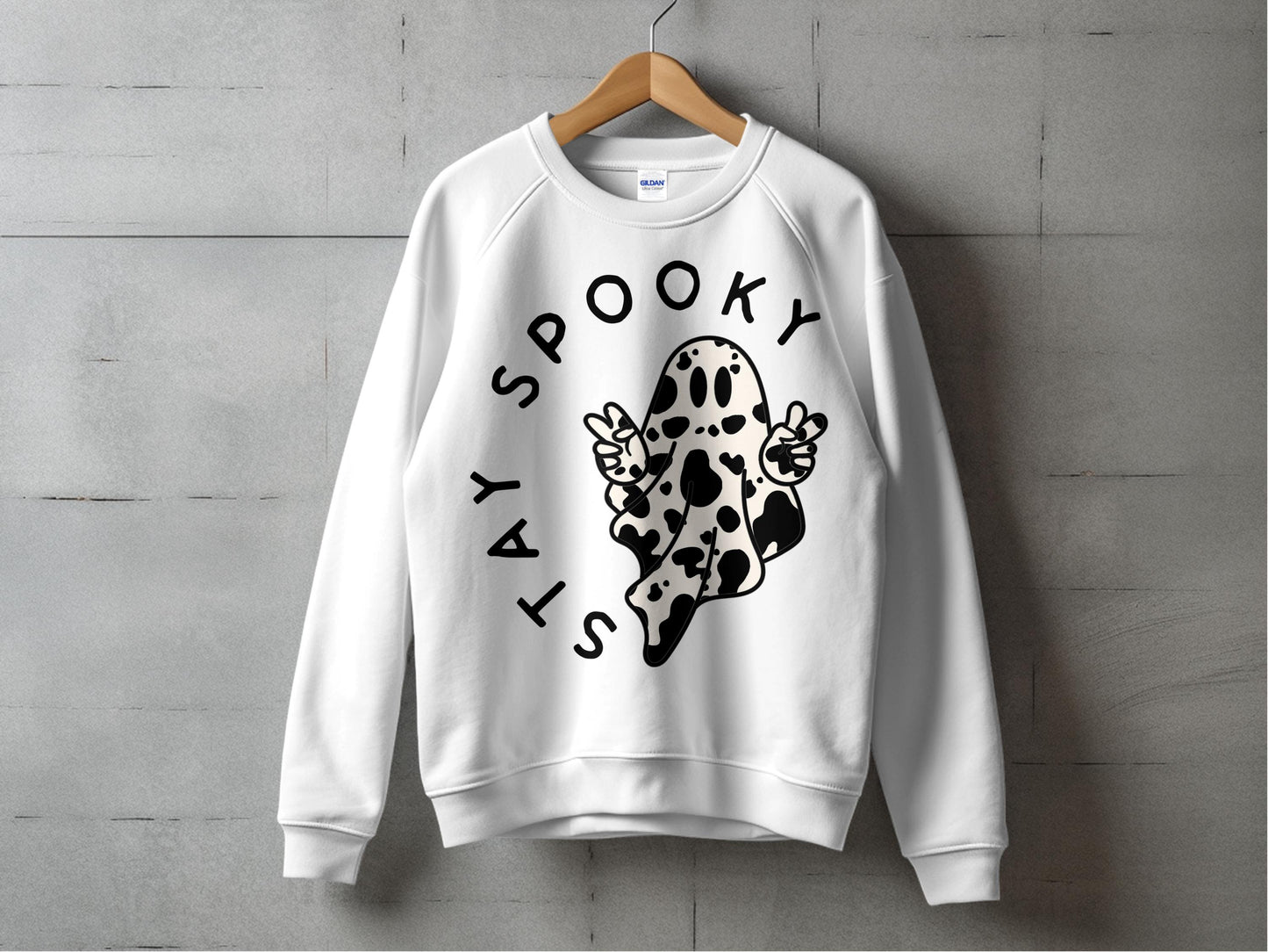 Stay Spooky Ghost Graphic Sweatshirt, Halloween Casual Pullover, Unisex Fall Fashion Top, White Crewneck Jumper with Black Print