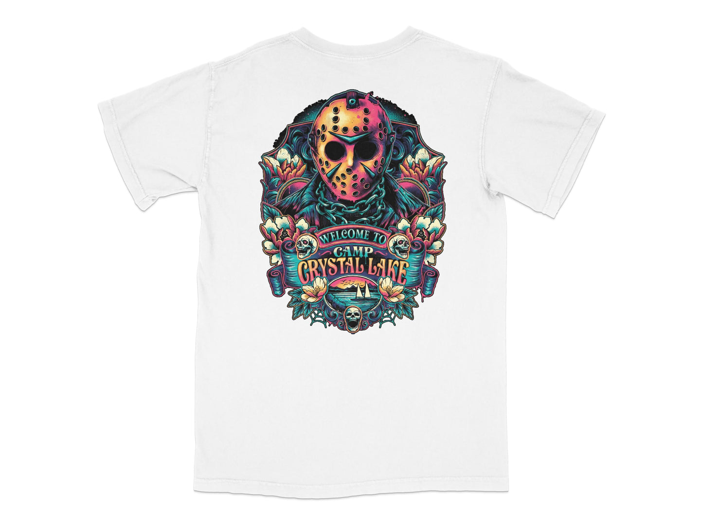 Camp Crystal Lake T-Shirt, Horror Movie Fan Apparel, Jason Mask Graphic Tee, Unisex White Shirt