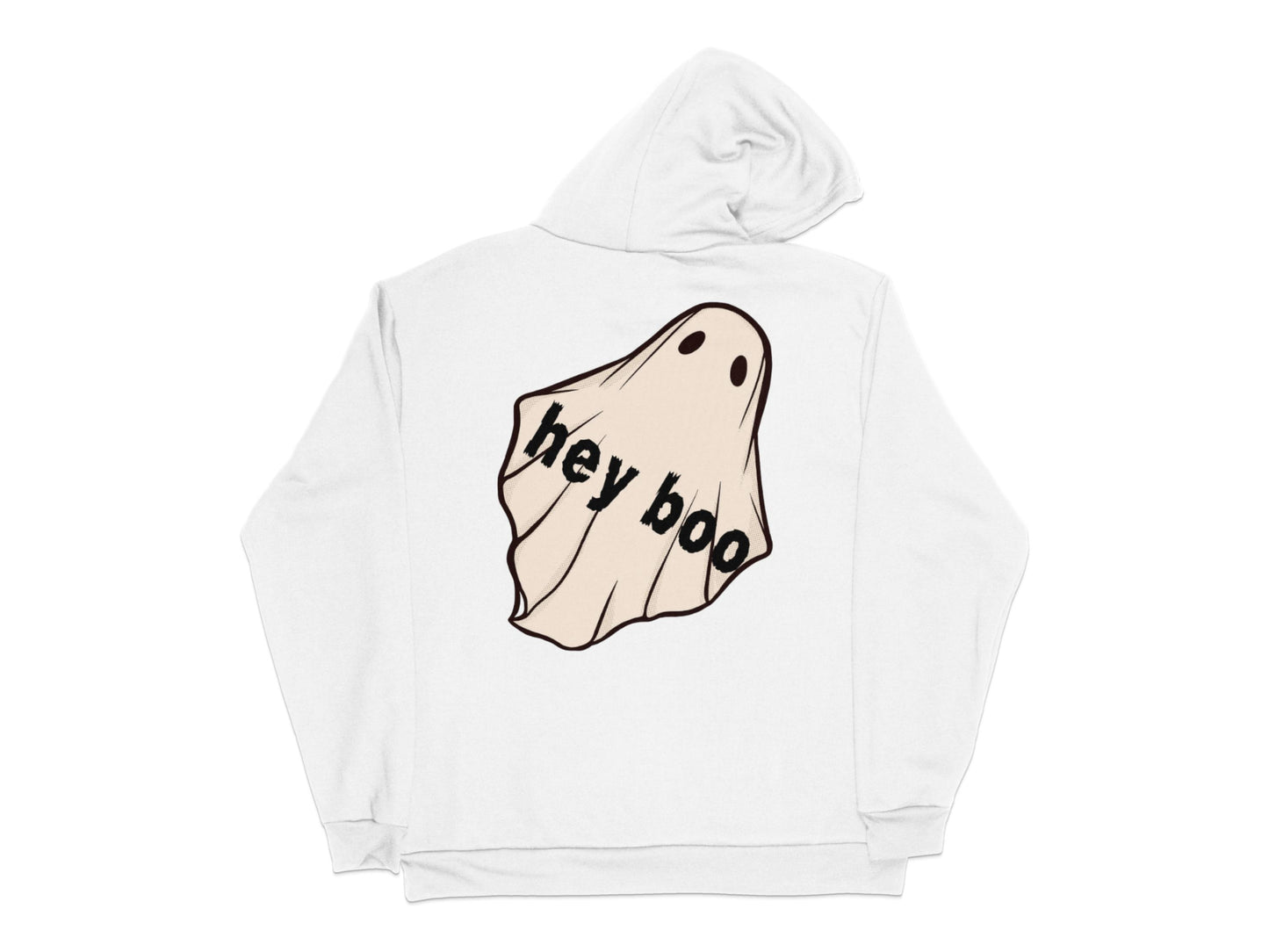 Cute Ghost Hoodie, 'Hey Boo' Slogan, Spooky Casual Wear, Unisex White Pullover Sweatshirt