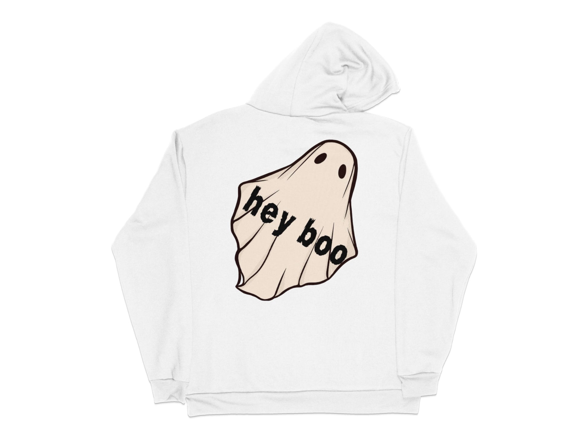 Cute Ghost Hoodie, 'Hey Boo' Slogan, Spooky Casual Wear, Unisex White Pullover Sweatshirt