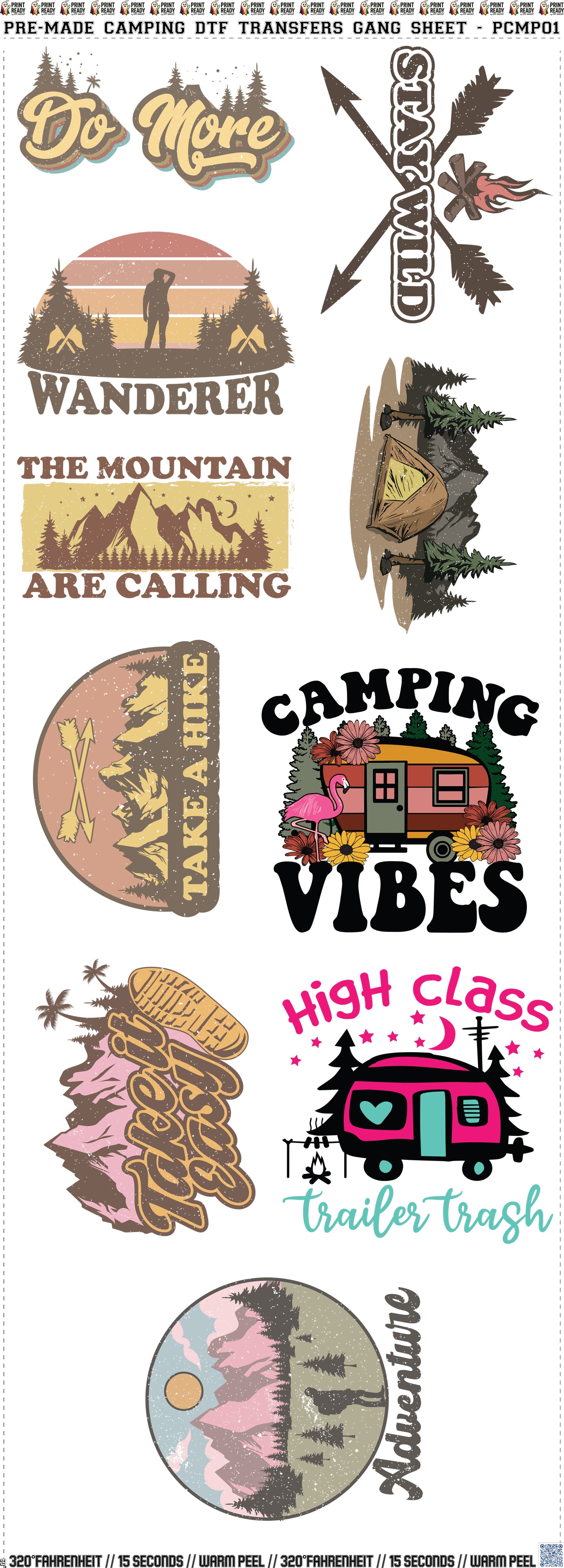 Pre-Made Camping DTF Transfers Gang Sheet- PCMP01