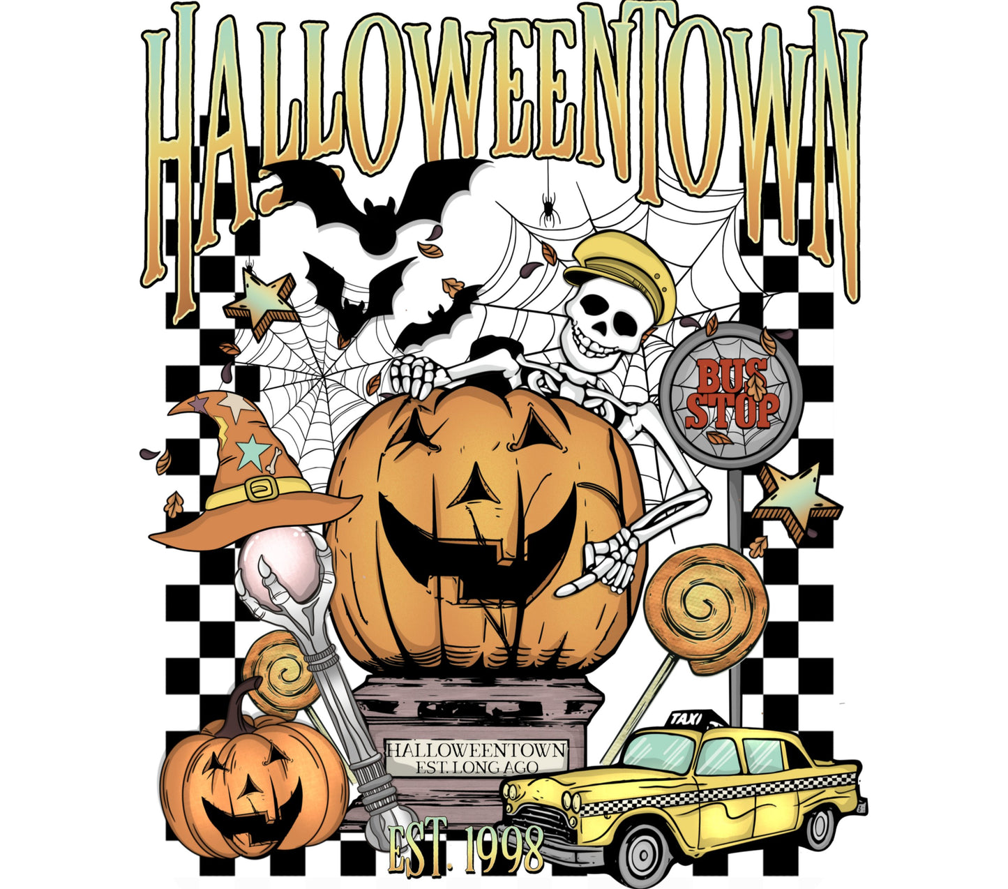 Halloween Town Pumpkin and Ghost Illustration, Vintage Style Halloween Decor, Spooky Wall Art Print, Established 1998