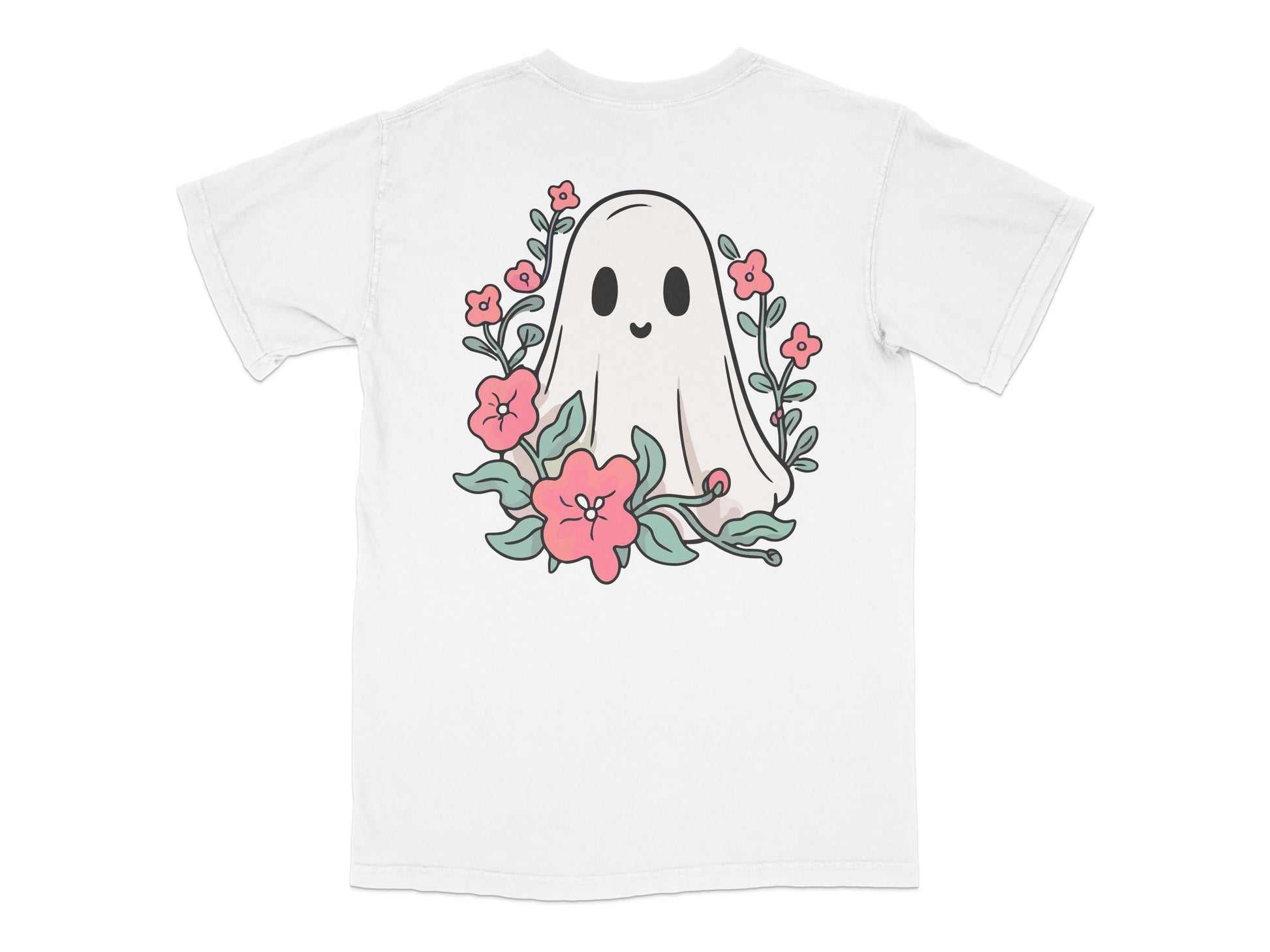 Cute Ghost T-Shirt with Floral Design, Unisex White Tee, Halloween Casual Apparel, Flower and Ghost Graphic Shirt