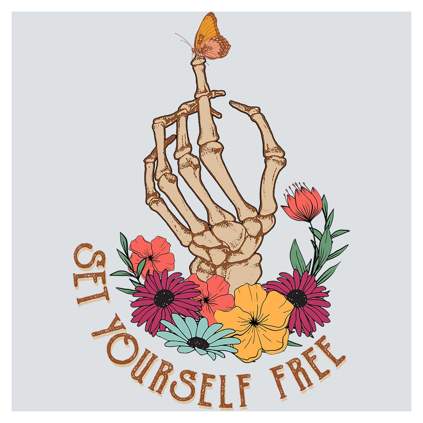 a skeleton with flowers and a butterfly on it