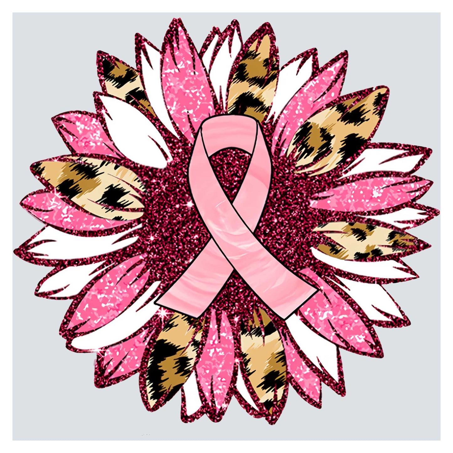 a pink ribbon on top of a flower