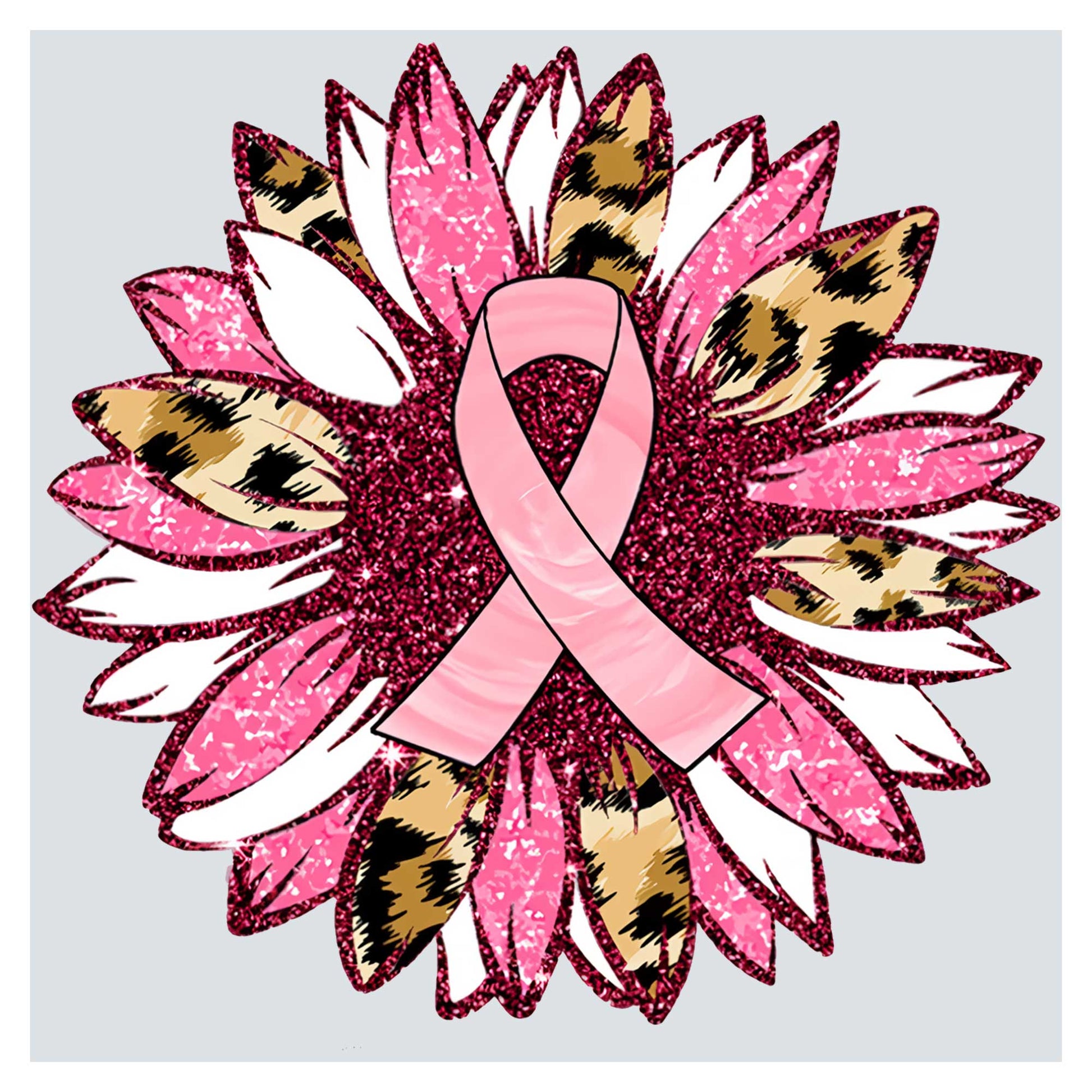 a pink ribbon on top of a flower