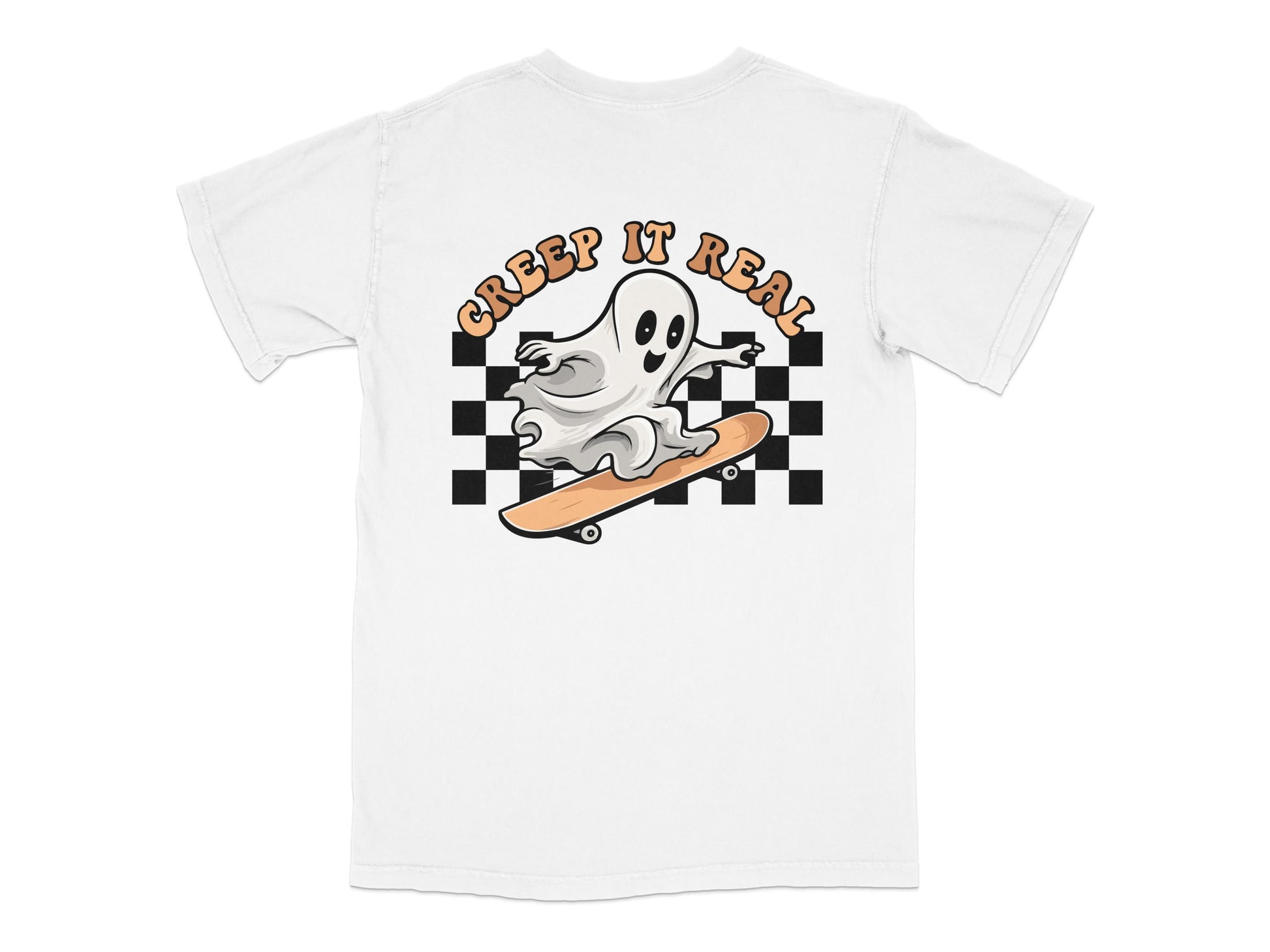 Creep It Real Ghost Skateboard Graphic T-Shirt, Funny Halloween Casual Tee, Unisex White Shirt