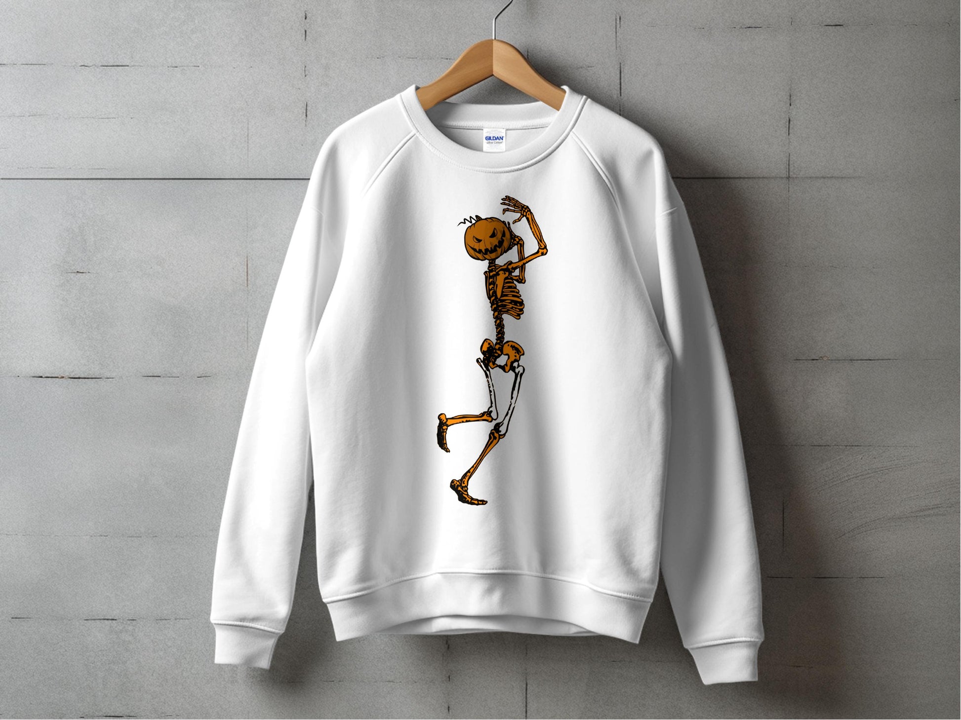 Unisex Halloween Sweatshirt, White Crewneck with Skeleton Design, Cozy Fall Apparel, Spooky Cartoon Graphic Pullover