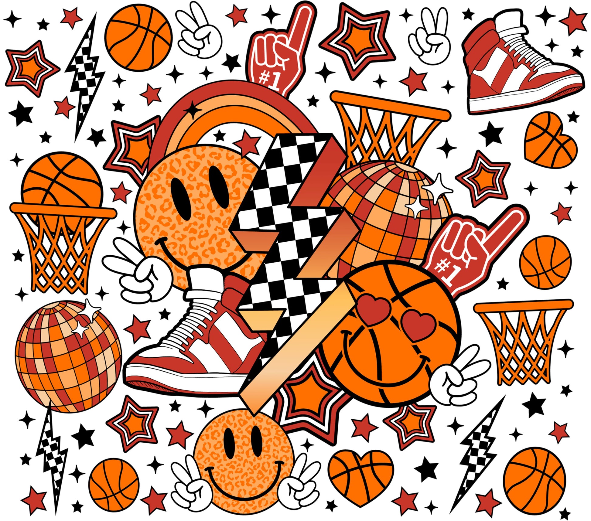 Colorful Basketball Theme Wall Art, Smiley Face Sports Decor, Kids Room Basketball Illustration, Playful Sports Wall Print