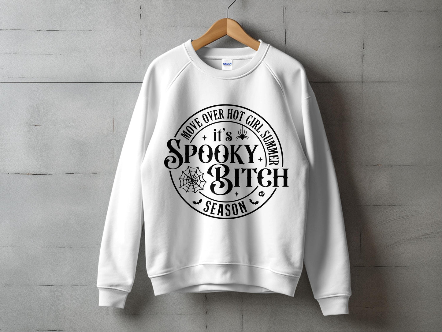 Spooky Bitch Season Sweatshirt, Hot Girl Summer Over, Halloween White Crewneck Pullover, Fall Fashion Casual Top