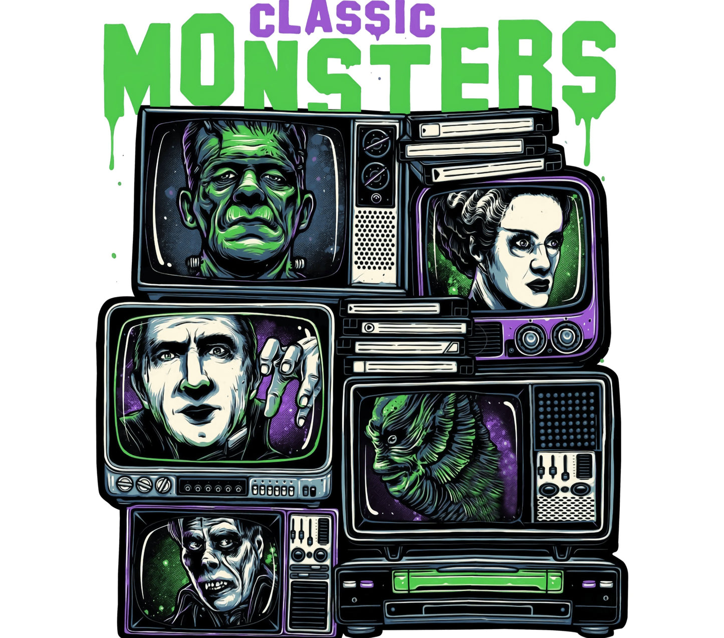 Classic Monsters Vintage TV Art Print, Retro Horror Movie Characters Poster, Unique Gothic Home Decor, Gift for Film Buffs