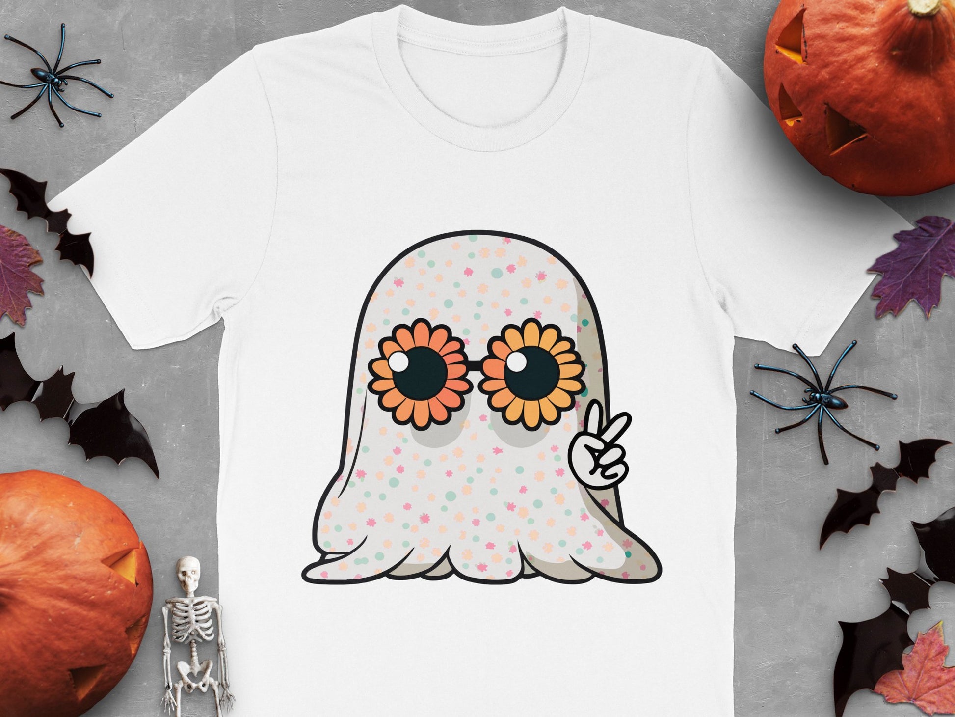 Cute Ghost T-Shirt with Floral Pattern, Halloween Tee for Women, Spooky Flower Ghost Shirt