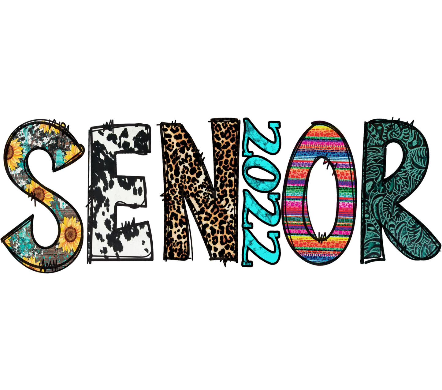 Senior 2022 Colorful Patchwork Graphic, Trendy Graduation Year Tee Design, Unique Leopard Print and Floral Elements