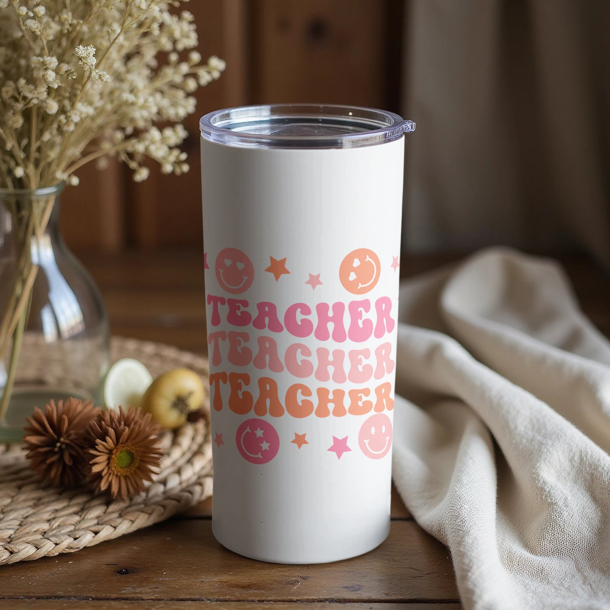 Teacher Appreciation Tumbler, Smiley Face Emoji Pink Design, Insulated Travel Mug, Gift for Educators
