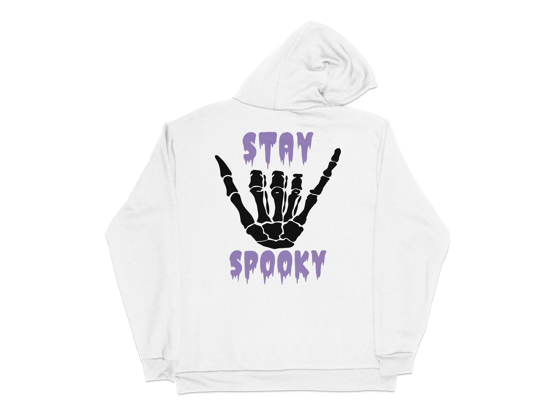 Unisex White Hoodie with Purple 'Stay Spooky' Skeleton Hand Graphic, Halloween Sweatshirt, Comfortable Casual Wear