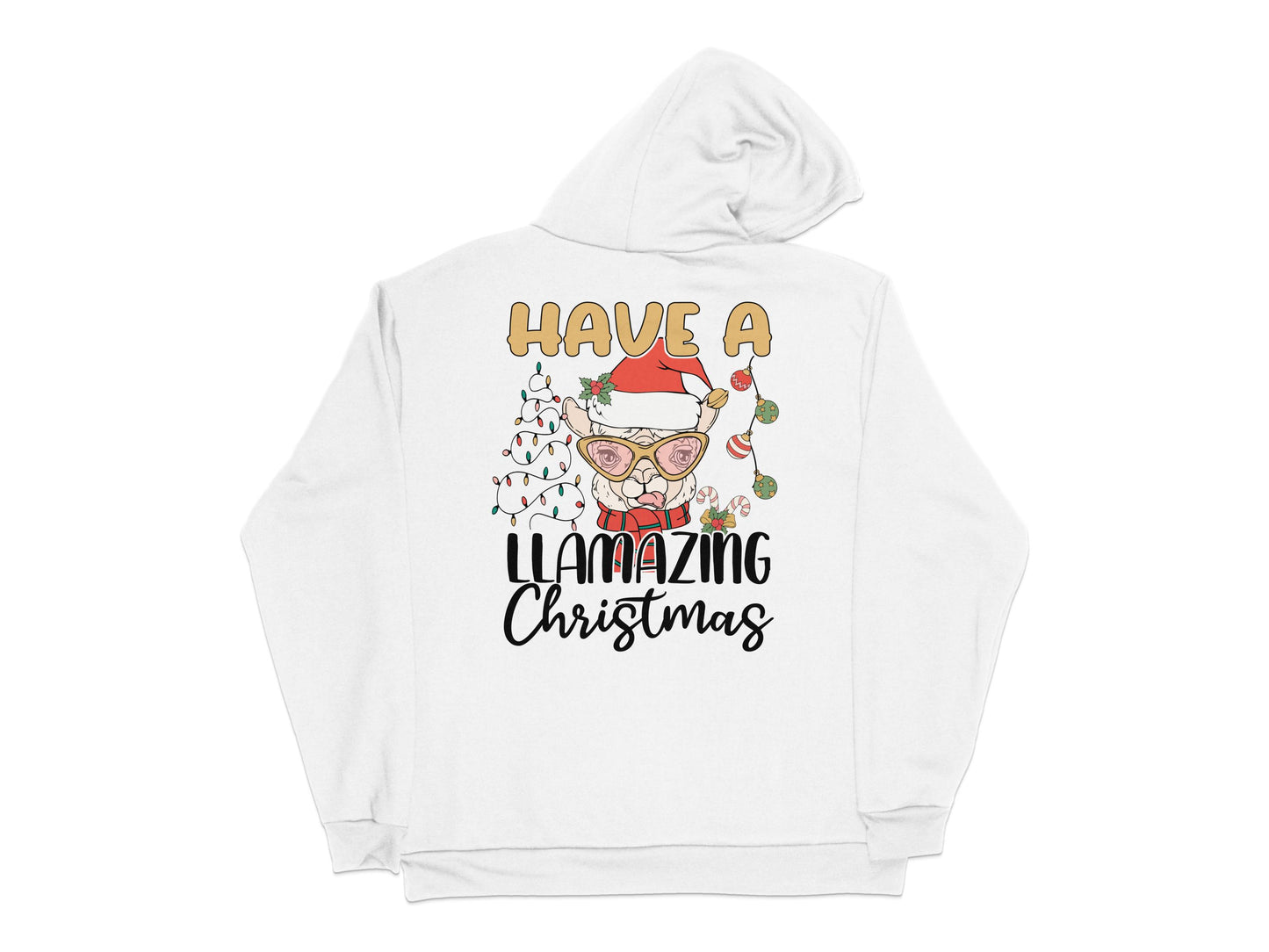 Llamazing Christmas Hoodie, Funny Llama Santa Hat, Festive Holiday Apparel, White Graphic Sweatshirt Gift