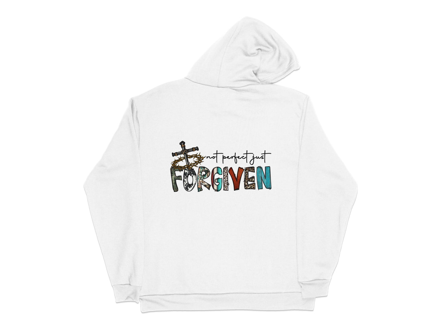 Christian Hoodie White Sweatshirt with Cross and Forgiven Text Graphic Design