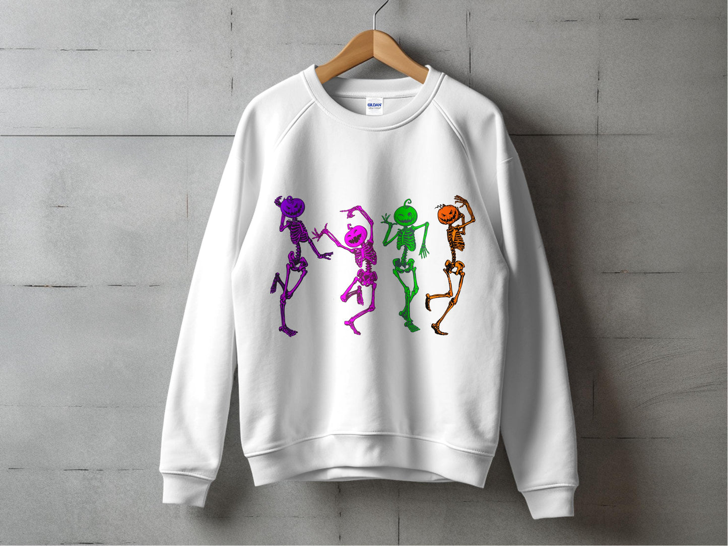 Colorful Skeleton Dance Crew Sweatshirt, Funky Halloween Sweatshirt, Unisex White Crew Neck Jumper, Autumn Fashion