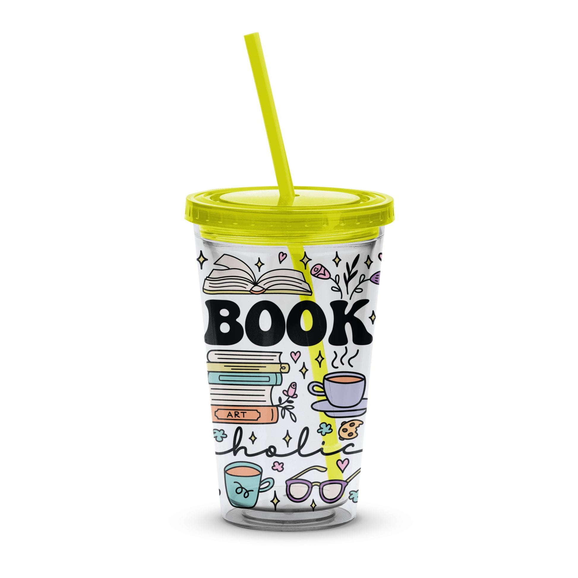 Colorful Book Lover Printed Tumbler, Insulated Cup with Lid and Straw, Art and Coffee Design, Gift for Readers and Writers