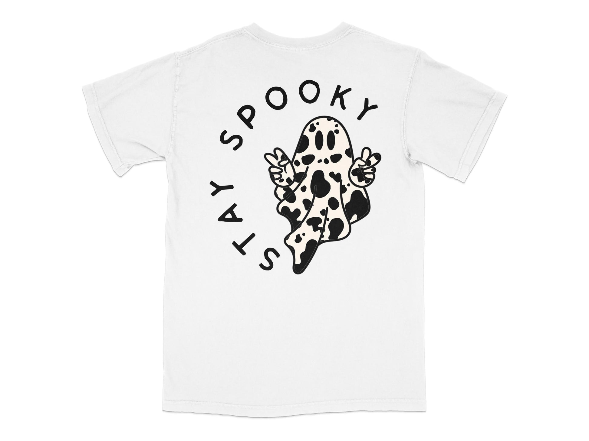 Stay Spooky T-Shirt, Ghost and Mushrooms Design, Halloween Graphic Tee, Unisex Casual White Top