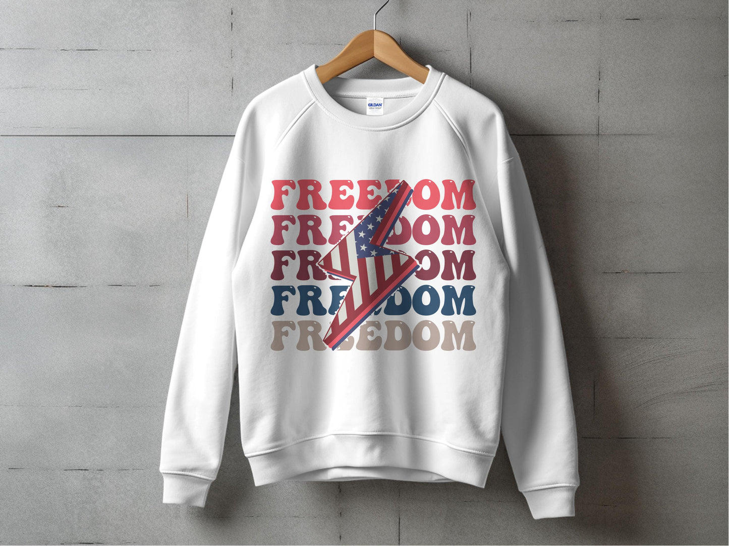 Trendy White Sweatshirt with Red Blue Freedom Graphic, Unisex Casual Pullover, Streetwear