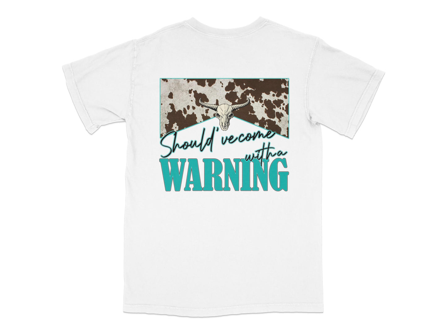 White Graphic T-Shirt with Text 'Should've Come with a Warning' and Bird Design
