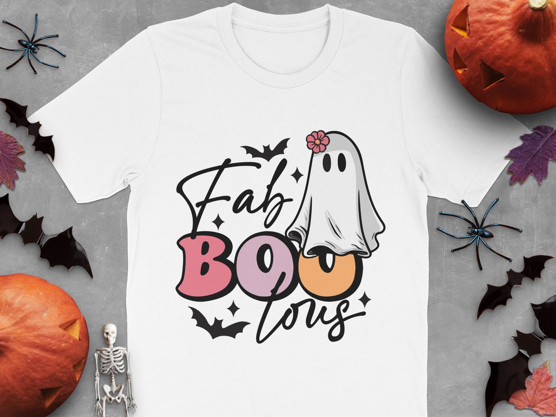 Halloween Ghost T-Shirt 'FabBOOlous' Cute Spooky Graphic Tee with Pumpkins and Skeleton Decor