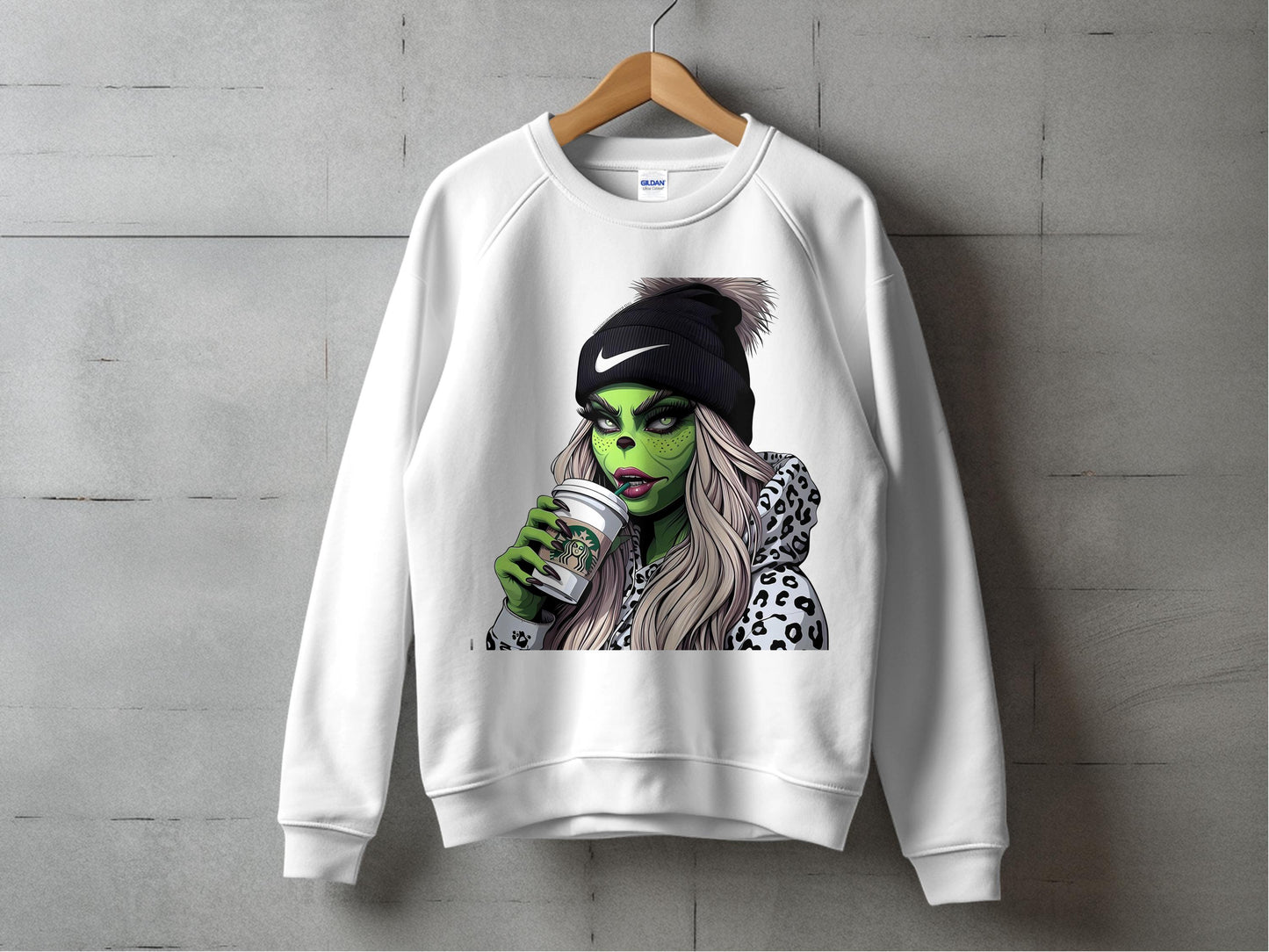 Trendy Green Witch Graphic Sweatshirt, Leopard Print, Fashionable Casual Streetwear, Women's Loungewear Top