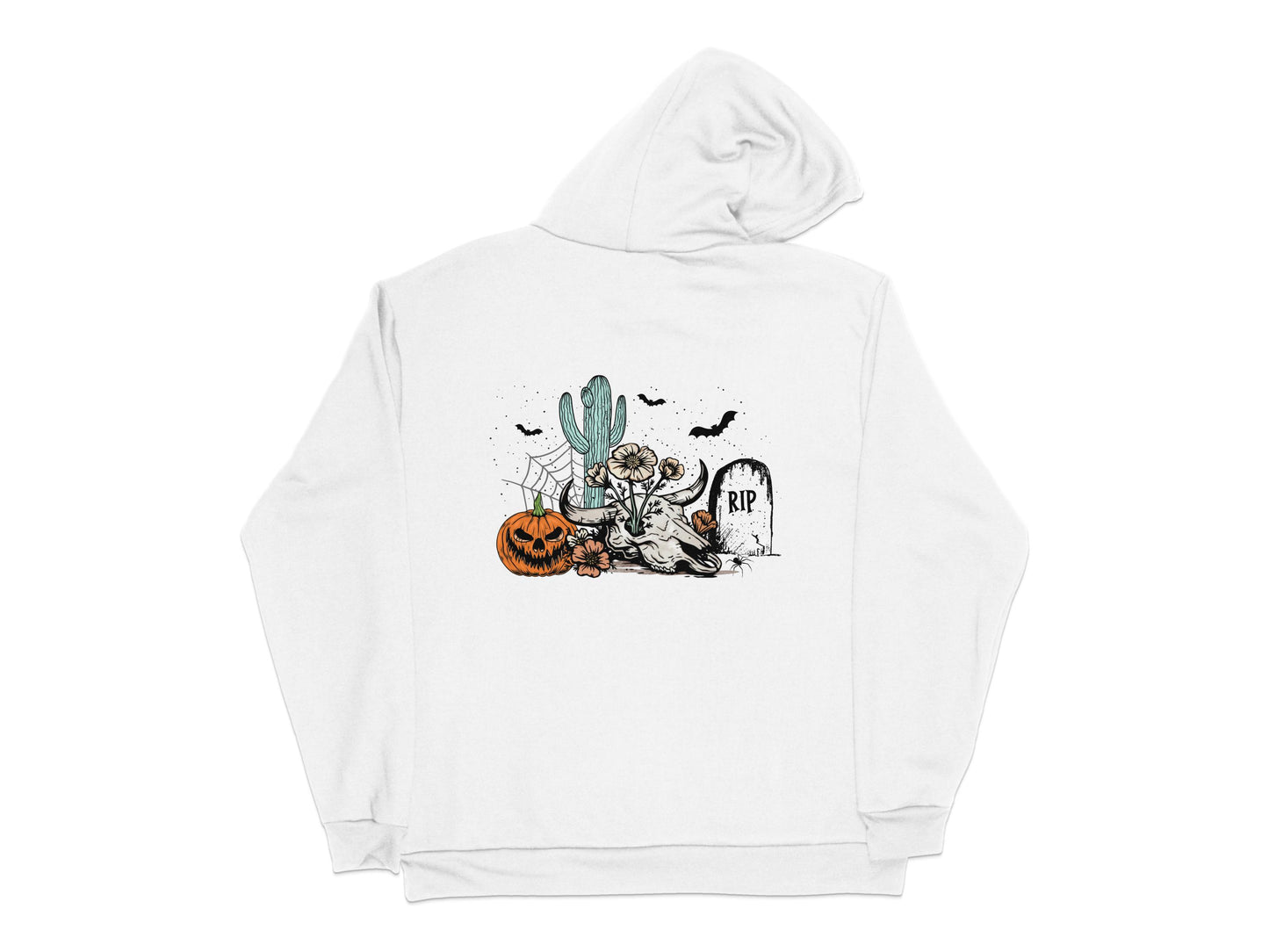 White Hoodie with Cartoon Cactus and Skeleton Print, Unisex Halloween Graphic Sweatshirt