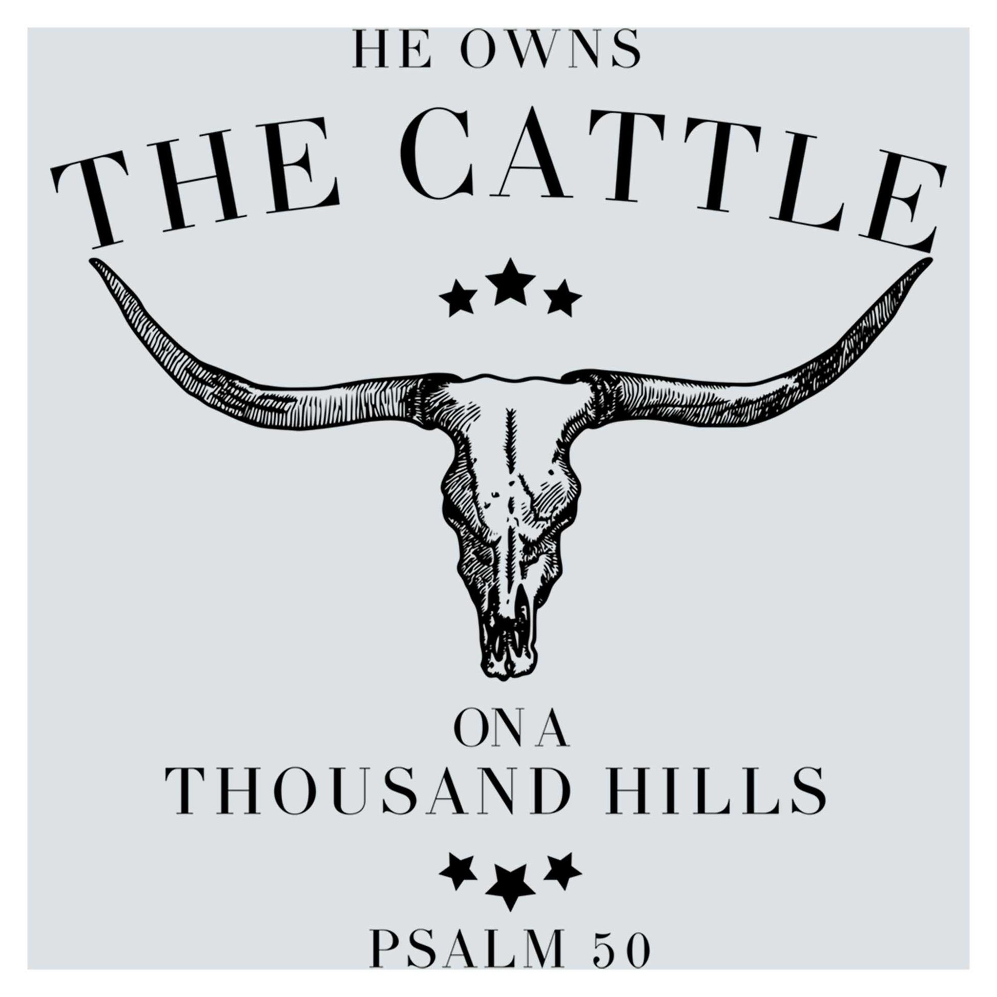 a black and white image of a bull's head with the words he owns