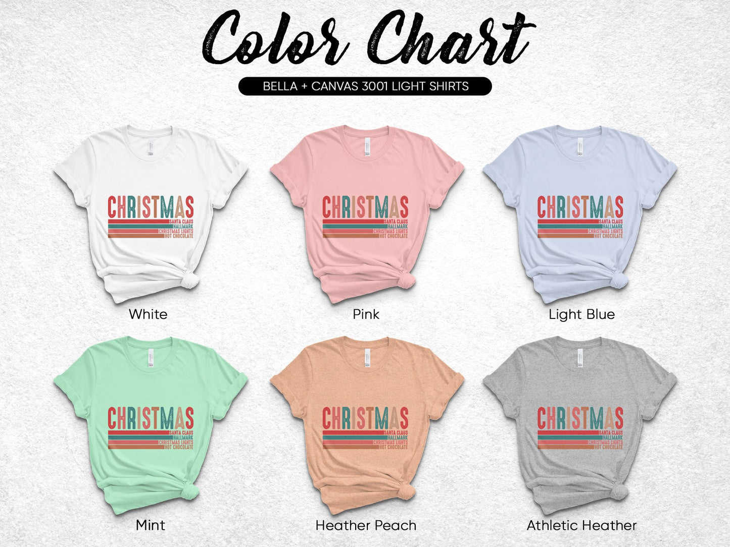 Bella Canvas 3001 Light T-Shirts Christmas Text Graphic in White, Pink, Blue, Mint, Peach