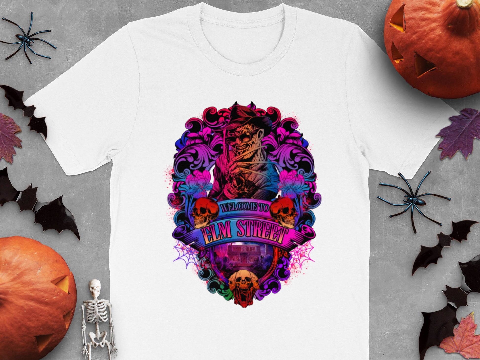 Halloween Themed T-Shirt Elm Street Design, Spooky Graphic Tee, Skulls and Pumpkins, Unisex Fashion