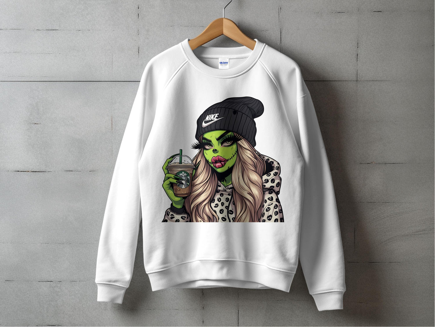 Stylish Graphic Sweatshirt, Trendy Green Face Woman Illustration, Casual Hip Apparel
