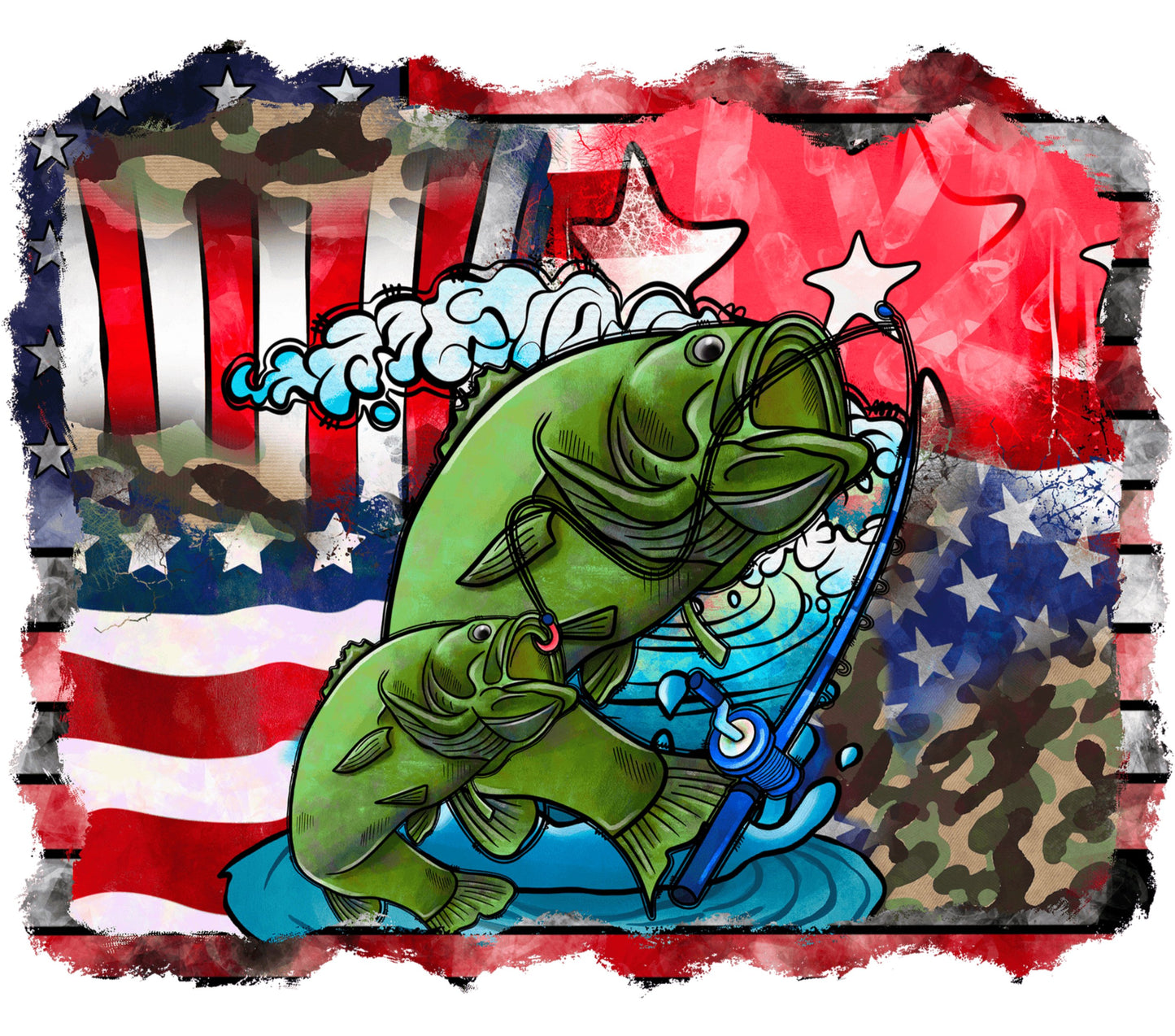 Patriotic Fishing Art Print, American Flag Bass Fish Illustration, Bold Colorful Fisherman Wall Decor, Unique Gift for Anglers