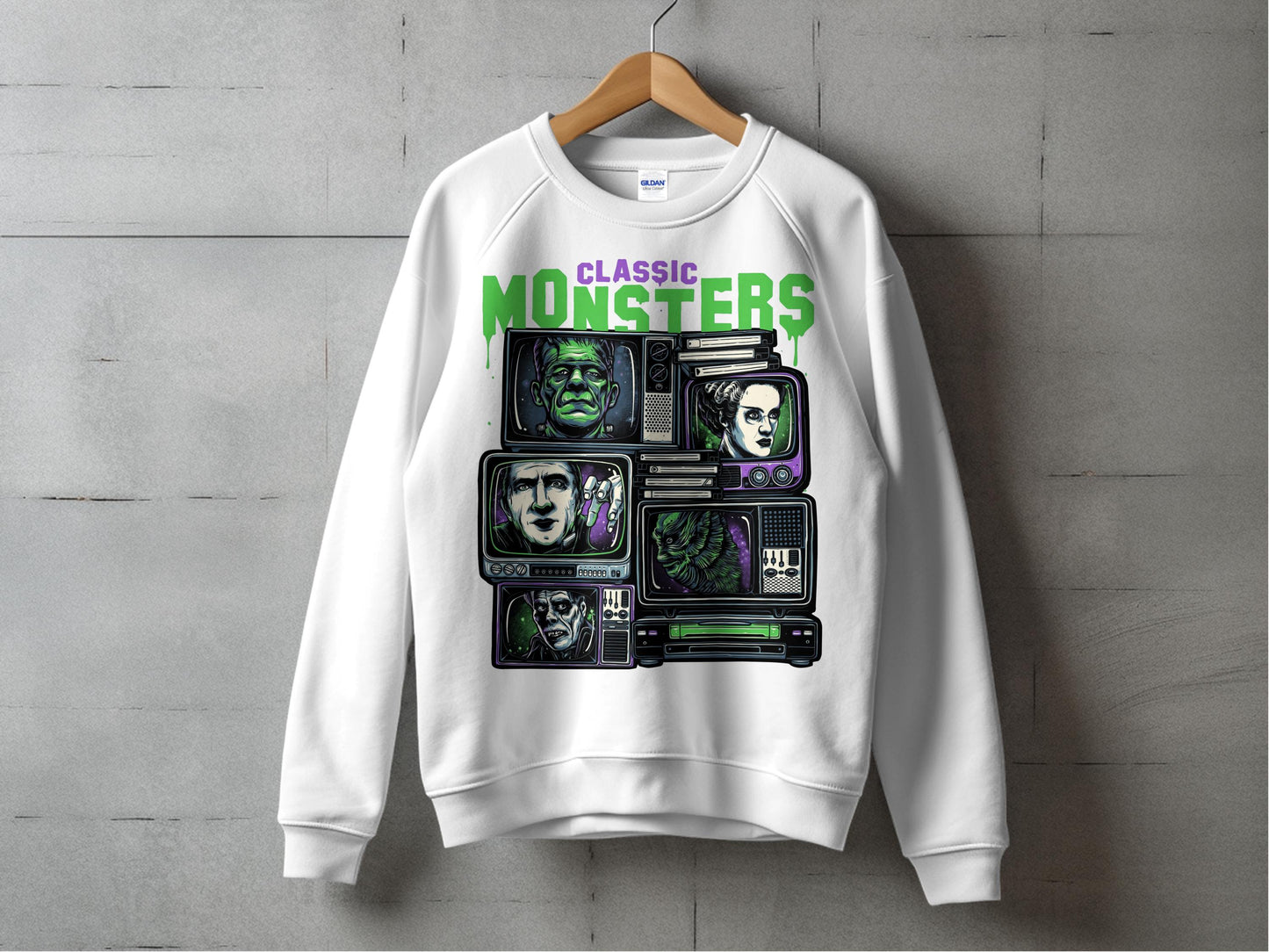 Classic Monsters Graphic Sweatshirt, Vintage Horror Movie Icons, Unisex Pullover, Retro Film Apparel, Gift for Film Buffs