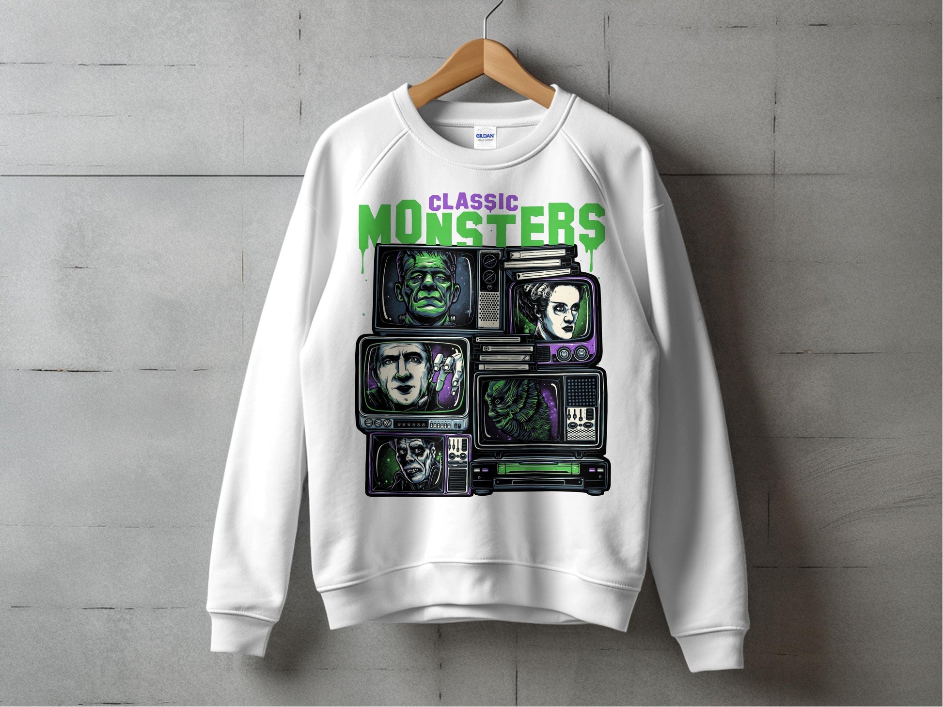 Classic Monsters Graphic Sweatshirt, Vintage Horror Movie Icons, Unisex Pullover, Retro Film Apparel, Gift for Film Buffs