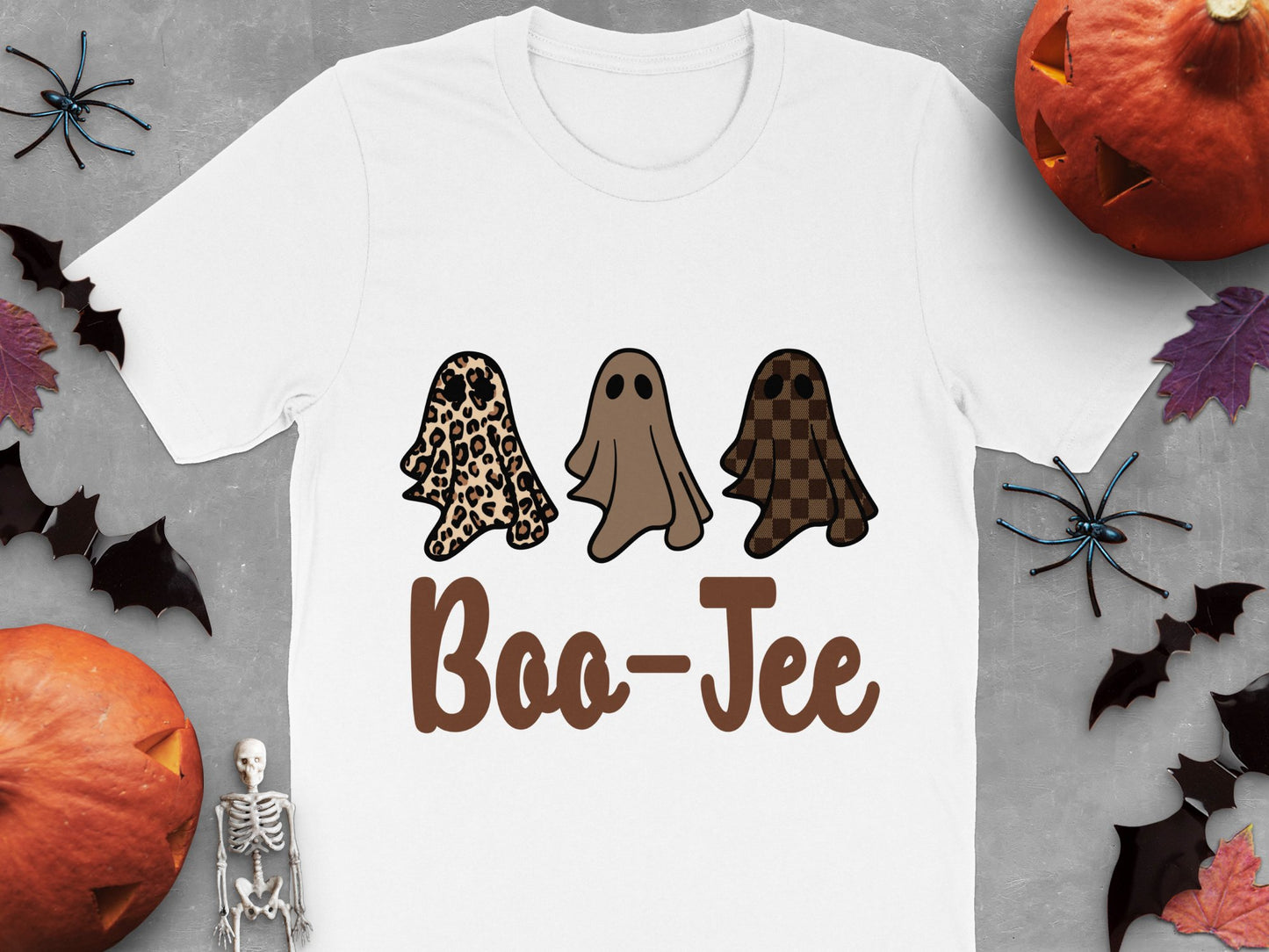Halloween Ghost T-Shirt, Boo-Jee Cute Spooky Tee, Leopard Print Ghosts, Fall Season Fashion, Casual Pumpkin Party Apparel
