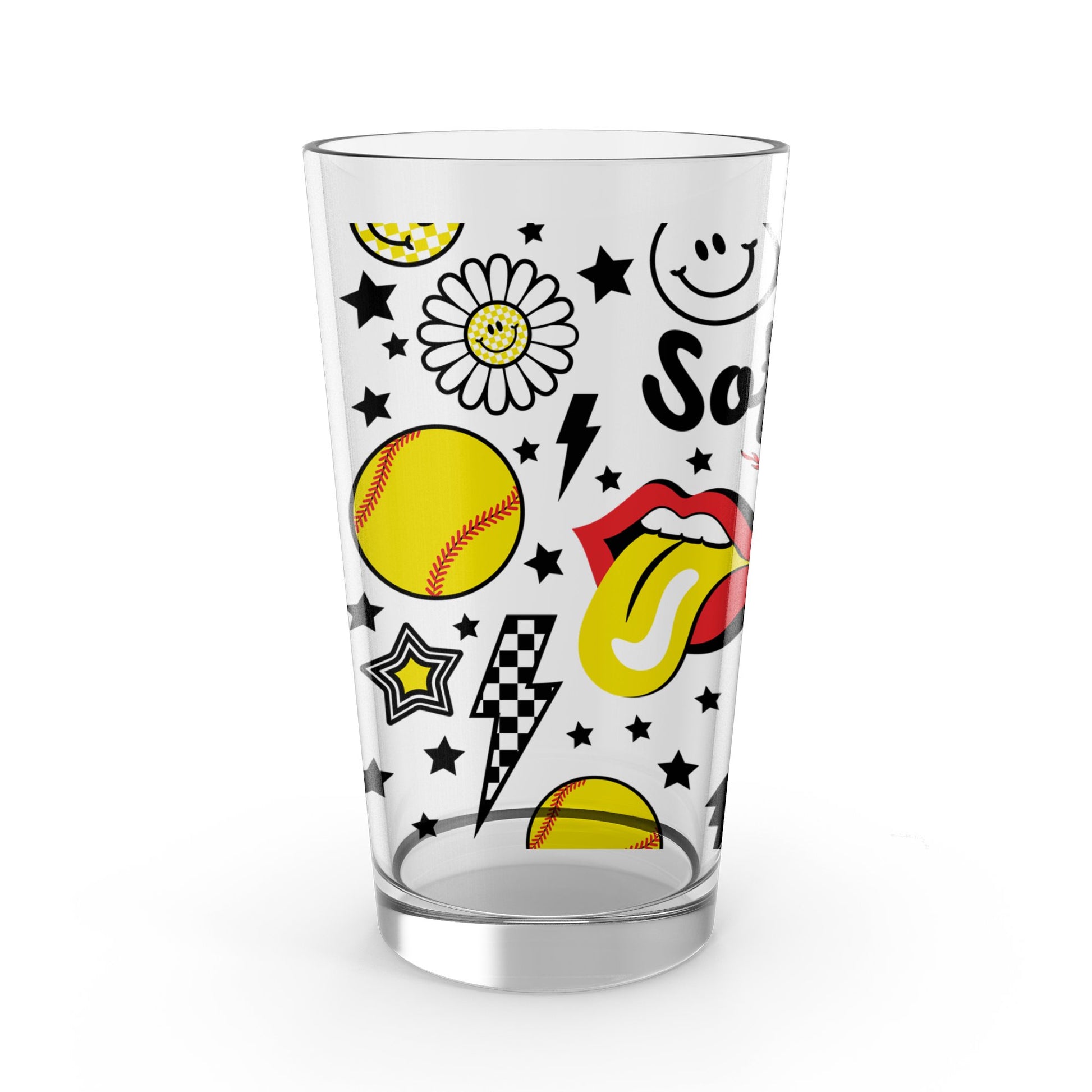 Colorful Pop Art Drinking Glass, Smiley Face, Baseball, Stars, Lips Design, Trendy Kitchen Decor, Unique Gift Idea