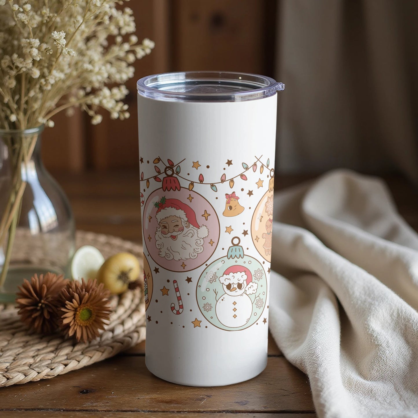 Christmas Insulated Tumbler with Festive Holiday Ornaments Design, Double-Walled Travel Mug, Gift Idea